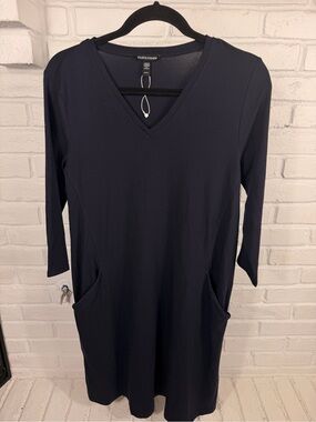 Eileen Fisher Navy Tencel Pocket Shift‎ Dress XS Minimalist Stretch